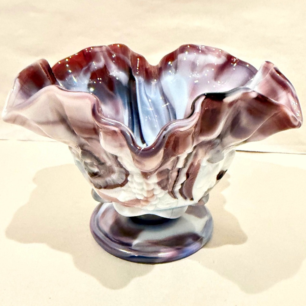 Westmoreland Paneled Grape Purple Slag Glass Ruffled Bowl Footed 1960s-70s